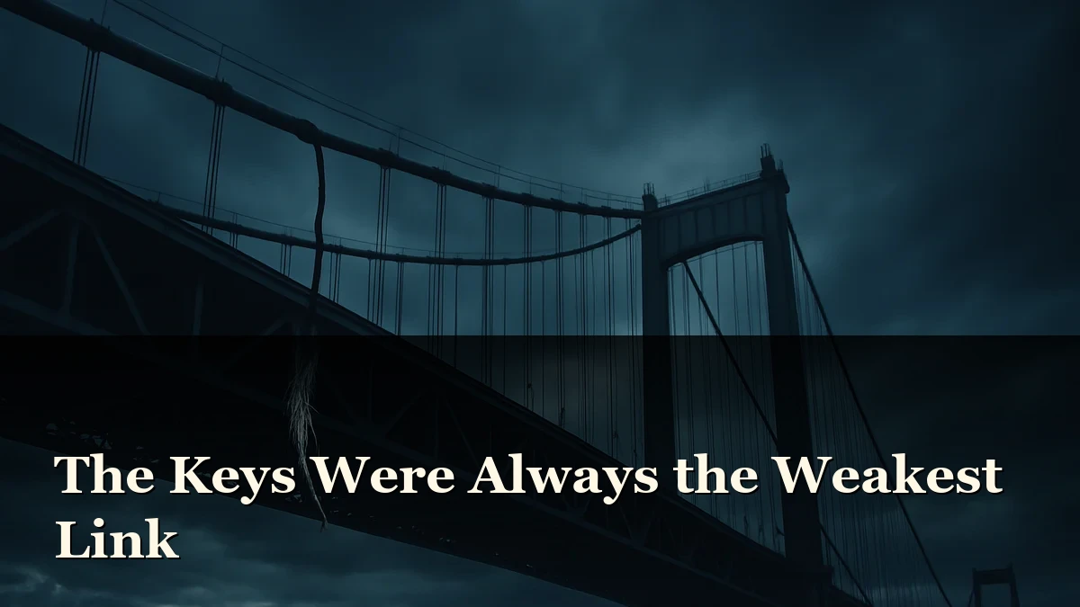 Dark suspension bridge at dusk against a stormy sky, dramatic cinematic lighting