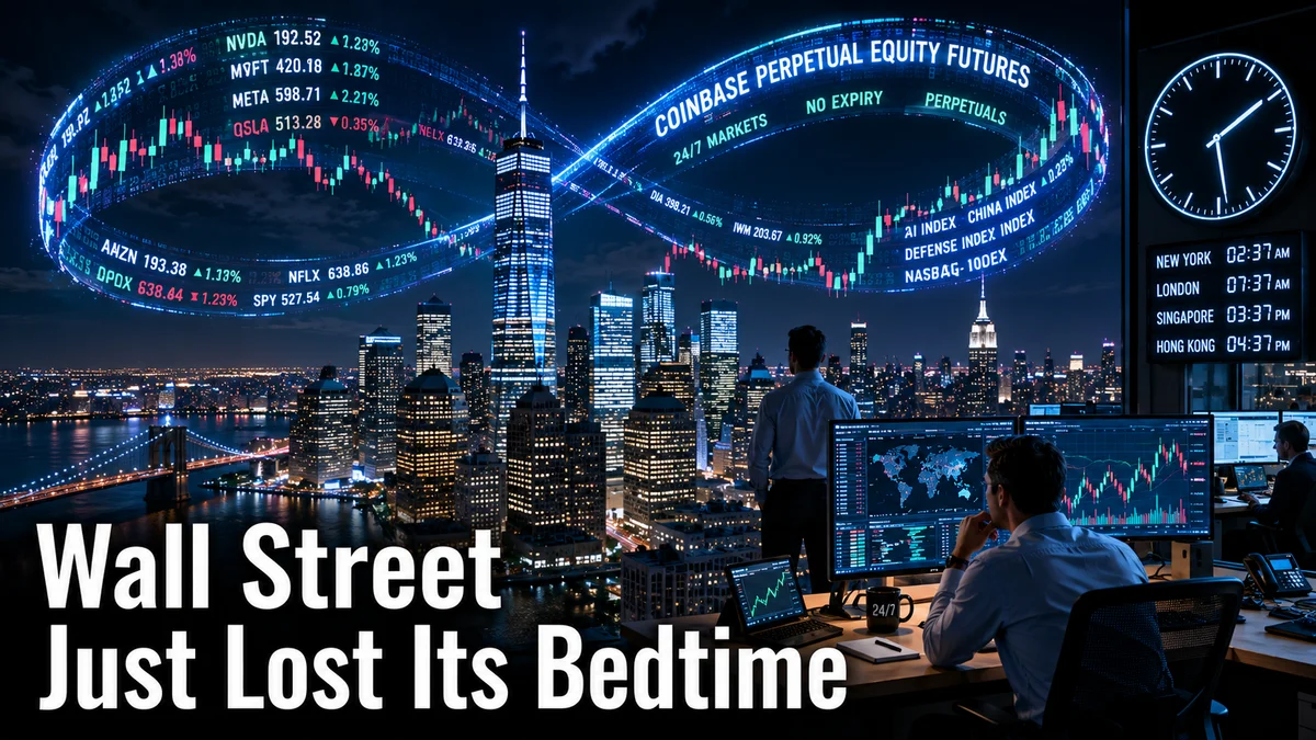 Traders at glowing screens in a city trading floor at night surrounded by perpetual equity futures tickers